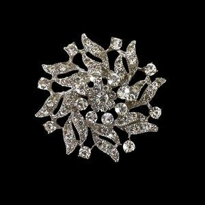 Art Deco Antique Inspired Clear Crystal Starburst Brooch Pin Silver Tone OS
